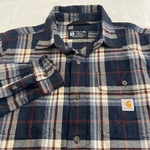 Carhartt Heavyweight Flannel Shirt Loose Fit Navy Cream Red Plaid Men’s Small